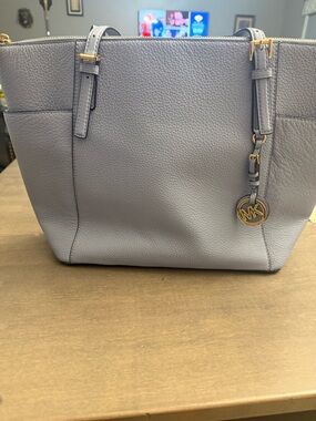 Michael Kors Light Blue Pebbled Leather Tote with Gold Charm